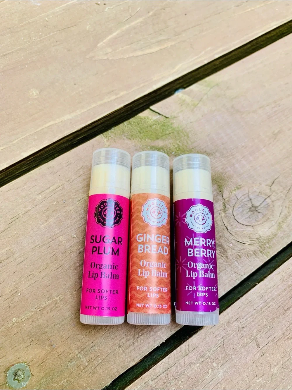 Organic Lip Balm Trio — Sugar Plum Pink, Gingerbread Tan & Merry Berry Purple